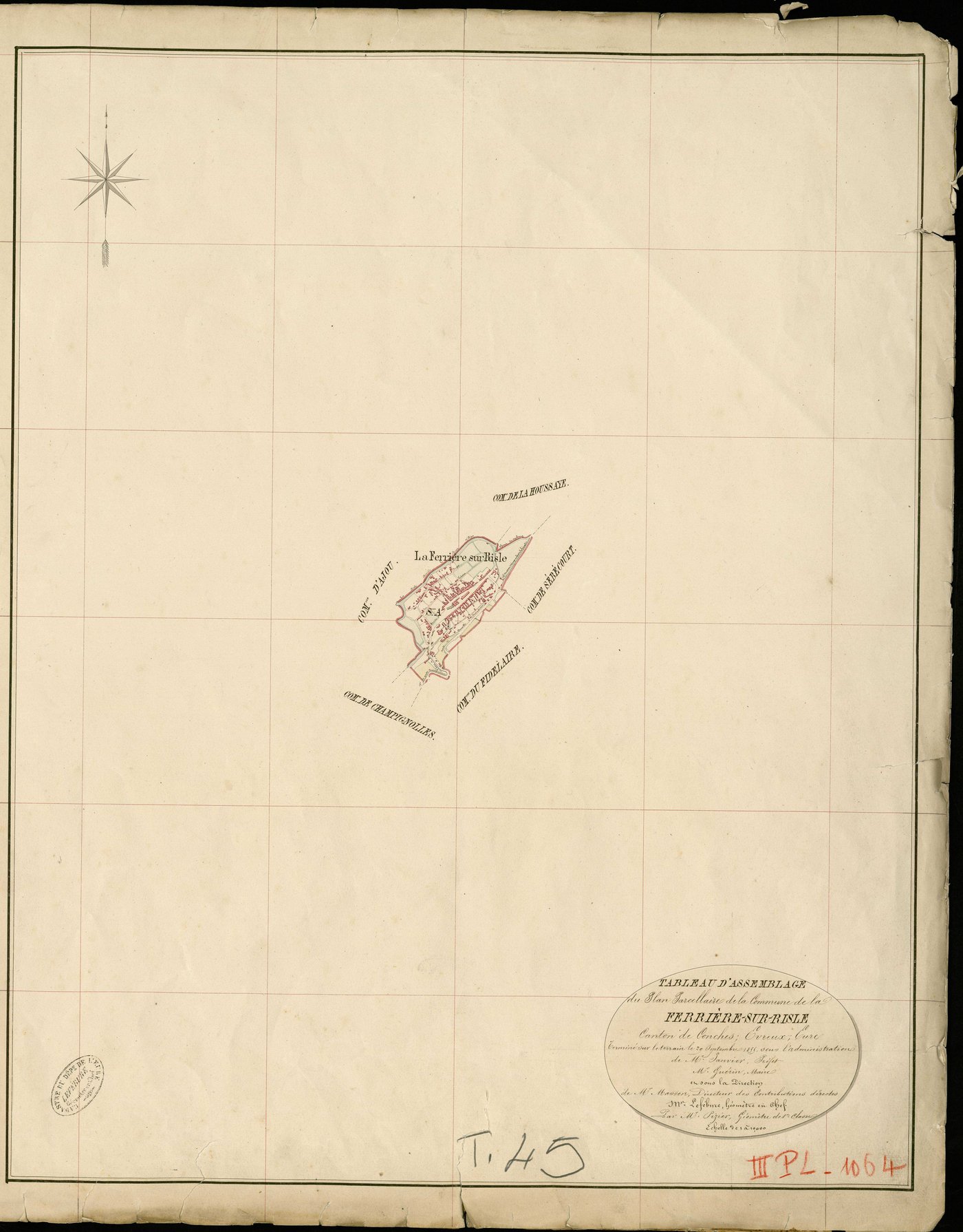 Ferrière-sur-Risle (La). Tableau d'assemblage _ du Plan Parcellaire de la Commune de Ferrière-sur-Risle _ Canton de Conches - Evreux - Eure. _ Terminé sur le Terrain le 29 Septembre 1855 , sous l'administration de M. Janvier, Préfet _ M. Gu