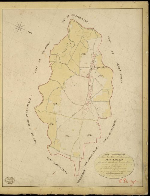 Feuguerolles. Tableau d'assemblage _ du Plan Parcellaire de la Commune de Feuguerolles _ Canton de Neubourg - Louviers - Eure. _ Terminé sur le Terrain le 20 Mars 1845, sous l'administration de M. Zédé, Préfet _ M. De la Salle Derochemaure,