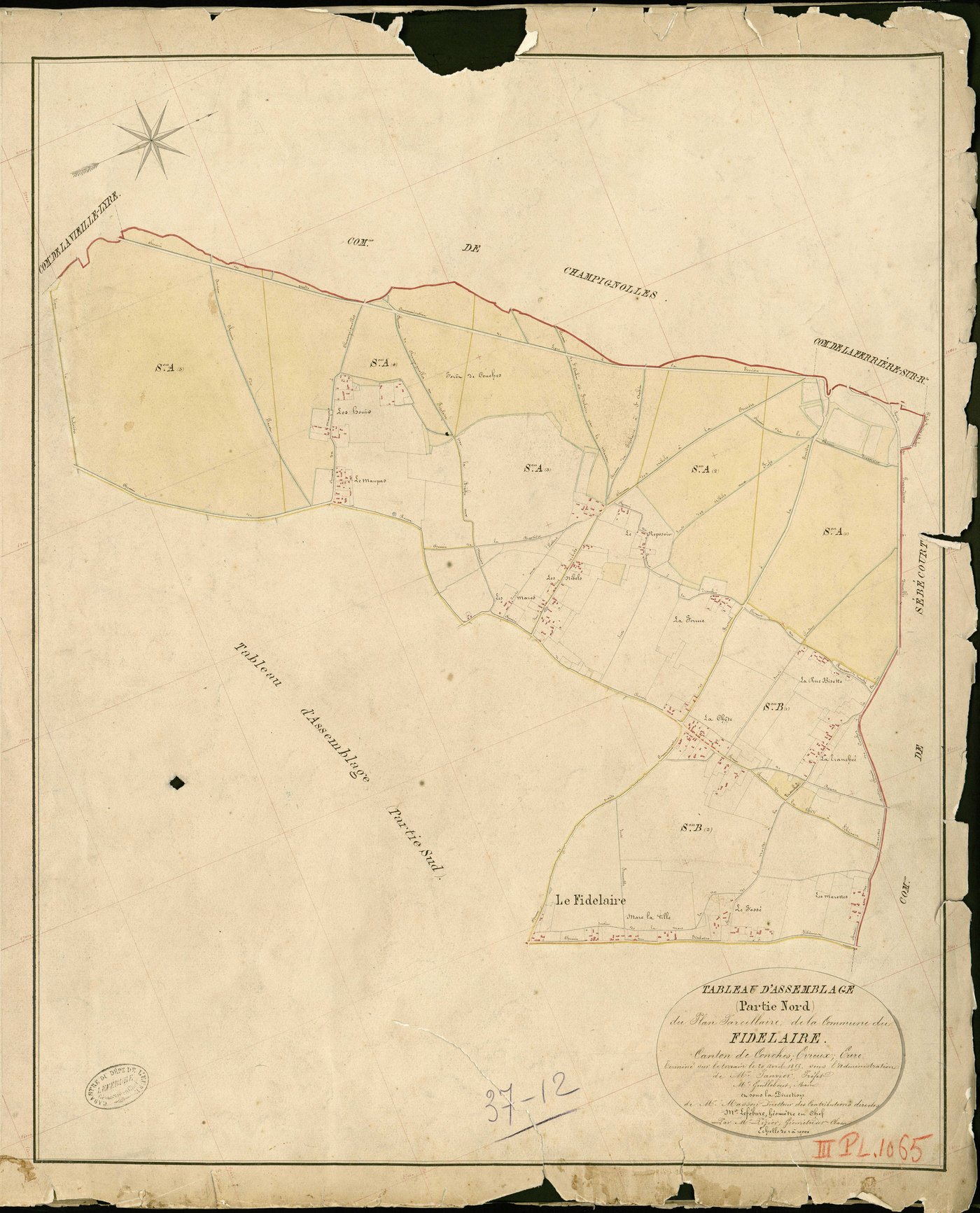 Fidelaire (Le). Tableau d'assemblage _ (Partie Nord) _ du Plan Parcellaire de la Commune de Fidelaire _ Canton de Conches - Evreux - Eure. _ Terminé sur le Terrain le 20 Avril 1855 , sous l'administration de M. Janvier, Préfet _ M. Guillebo