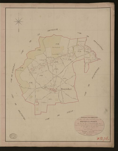 Fleury-la-Forêt. Tableau d'assemblage du Plan Parcellaire de la Commune de Fleury-la-Forêt _ Canton de Lyons-la-Forêt - Andelys - Eure. _ Terminé sur le terrain le 22 septembre 1847, sous l'administration de M. Petit de Bantel, Préfet - M. 