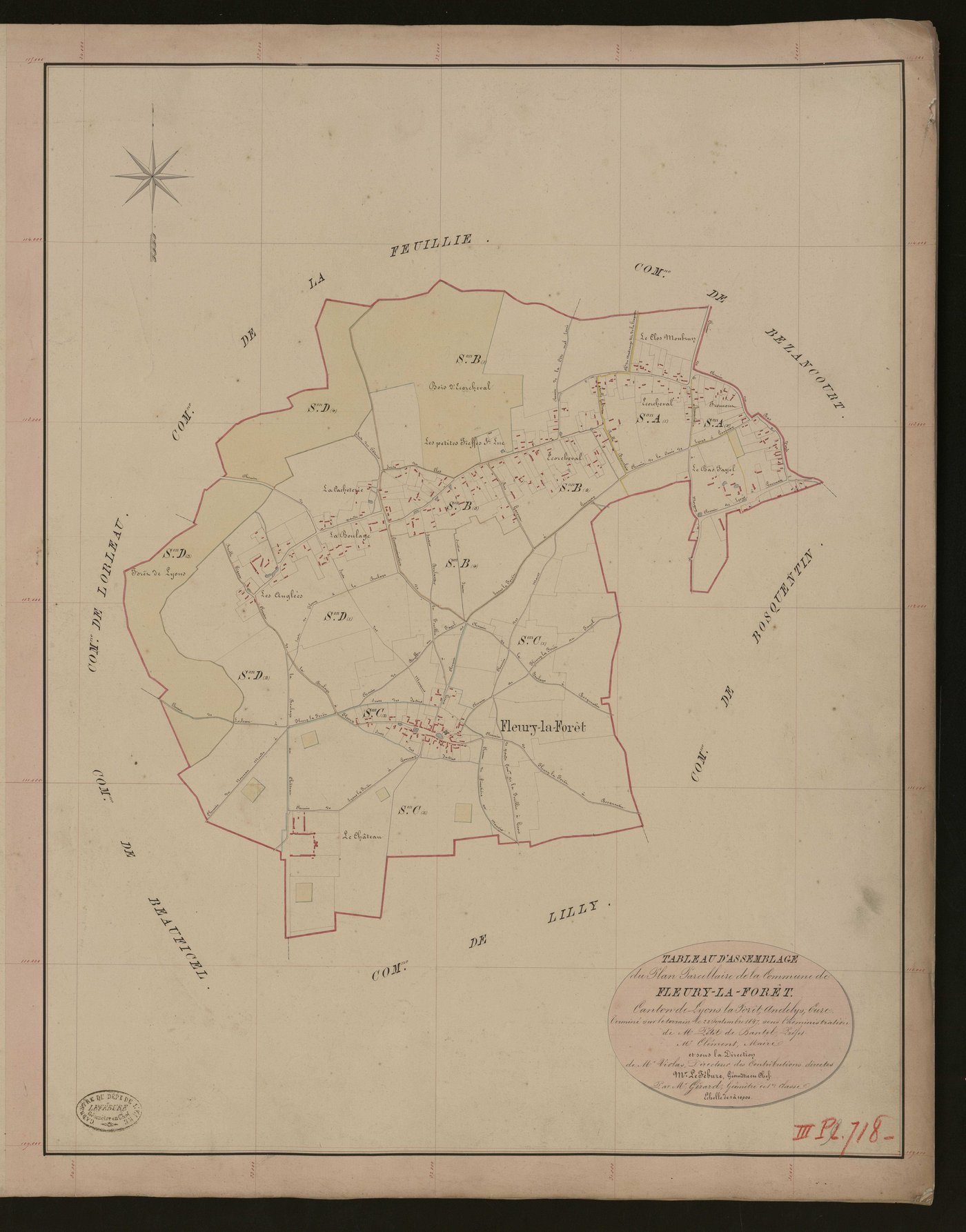 Fleury-la-Forêt. Tableau d'assemblage du Plan Parcellaire de la Commune de Fleury-la-Forêt _ Canton de Lyons-la-Forêt - Andelys - Eure. _ Terminé sur le terrain le 22 septembre 1847, sous l'administration de M. Petit de Bantel, Préfet - M. 