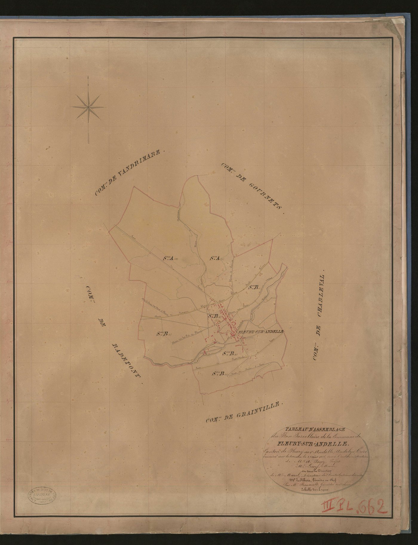 Fleury-sur-Andelle. Tableau d'assemblage du Plan Parcellaire de la Commune de Fleury-sur-Andelle. _ Canton de Fleury-sur-Andelle - Andelys - Eure. _ Terminé sur le terrain le 21 août 1835, sous l'administration de M. A. Passy, Préfet - M. L