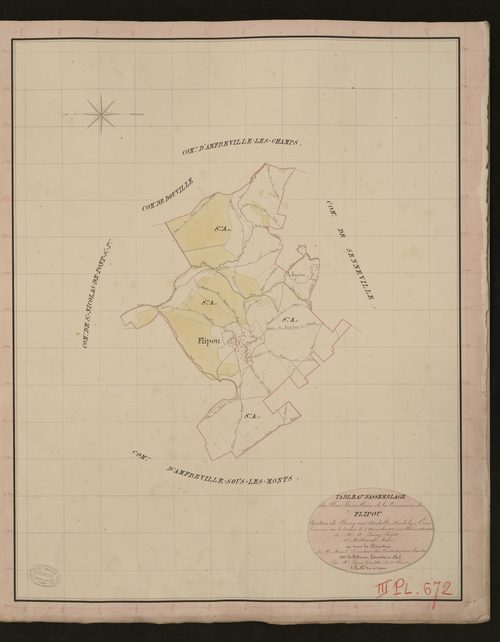 Flipou. Tableau d'assemblage du Plan Parcellaire de la Commune de Flipou. _ Canton de Fleury-sur-Andelle - Andelys - Eure. _ Terminé sur le terrain le 5 novembre 1838, sous l'administration de M. A. Passy, Préfet - M. Milliard, Maire et sou