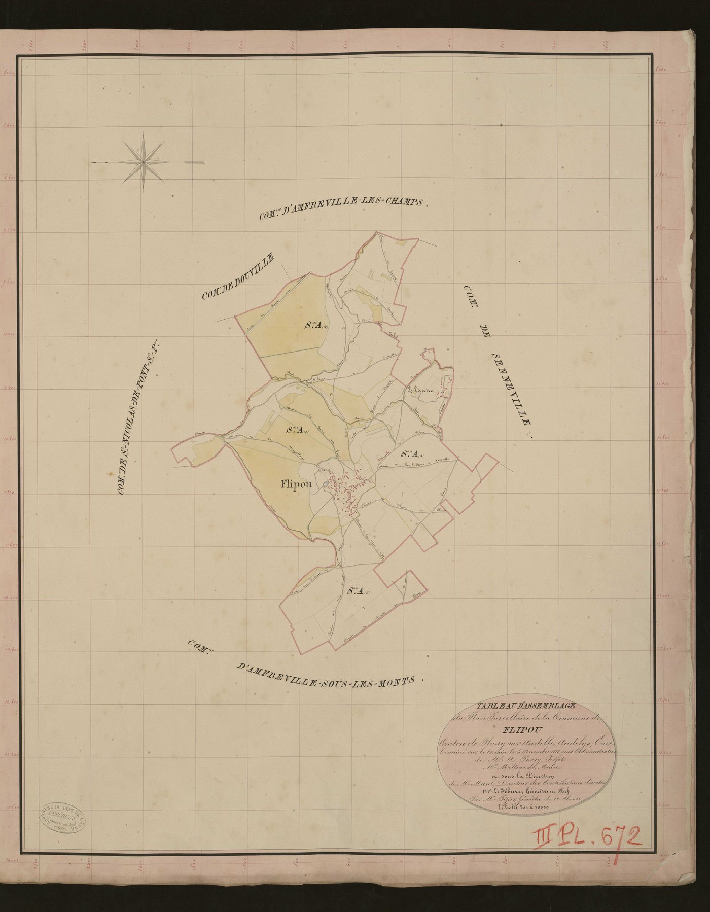 Flipou. Tableau d'assemblage du Plan Parcellaire de la Commune de Flipou. _ Canton de Fleury-sur-Andelle - Andelys - Eure. _ Terminé sur le terrain le 5 novembre 1838, sous l'administration de M. A. Passy, Préfet - M. Milliard, Maire et sou