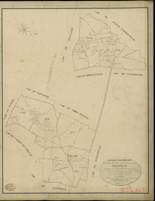 Folleville. Tableau d'assemblage _ du Plan Parcellaire de la Commune de Folleville _ Canton de Thiberville - Bernay - Eure. _ Terminé sur le Terrain le 30 Mars 1847 , sous l'administration de M. Petit de Bantel, Préfet _ M. Le Marchand, Mai