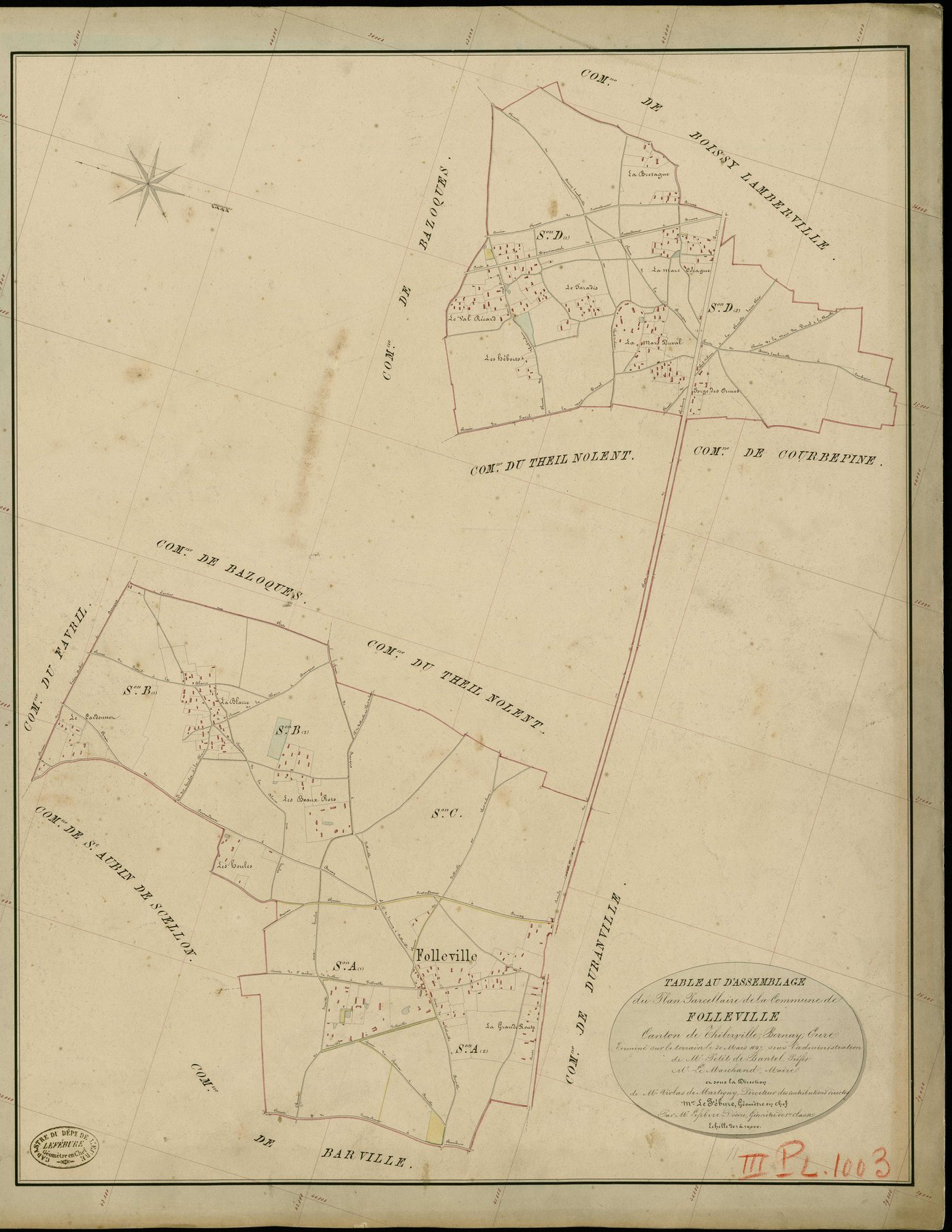 Folleville. Tableau d'assemblage _ du Plan Parcellaire de la Commune de Folleville _ Canton de Thiberville - Bernay - Eure. _ Terminé sur le Terrain le 30 Mars 1847 , sous l'administration de M. Petit de Bantel, Préfet _ M. Le Marchand, Mai
