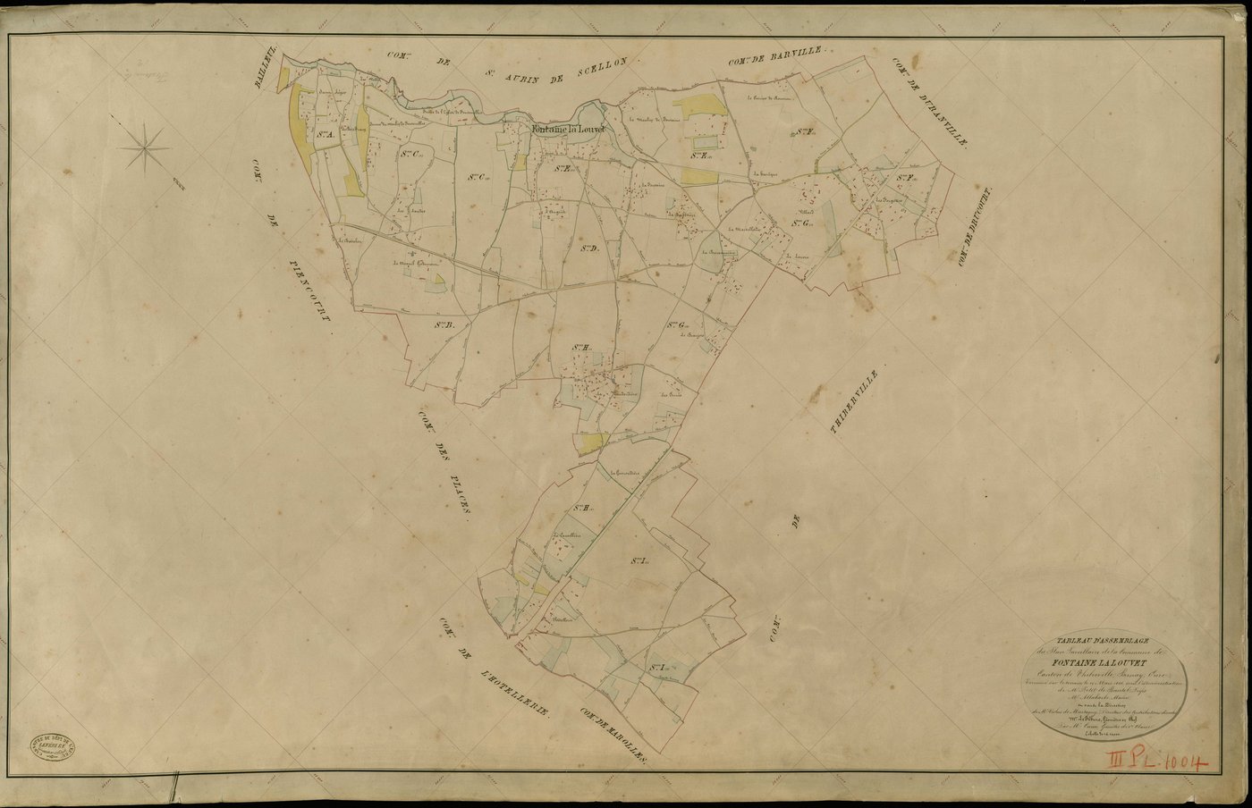 Fontaine-la-Louvet. Tableau d'assemblage _ du Plan Parcellaire de la Commune de Fontaine la Louvet _ Canton de Thiberville - Bernay - Eure. _ Terminé sur le Terrain le 29 Mars 1846 , sous l'administration de M. Petit de Bantel, Préfet _ M. 