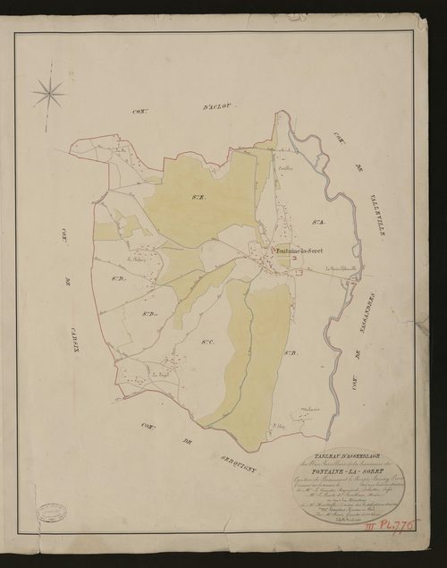 Fontaine-la-Soret. Tableau d'assemblage du Plan Parcellaire de la Commune de Fontaine-la-Soret _ Canton de Beaumont-le-Roger - Bernay - Eure. _ Terminé sur le terrain le 1826, sous l'administration de M. Le Vicomte Raymond Delaitre, Préfet 