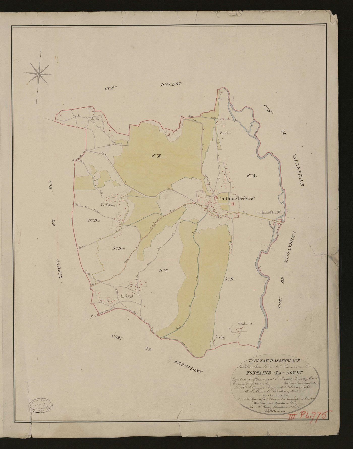 Fontaine-la-Soret. Tableau d'assemblage du Plan Parcellaire de la Commune de Fontaine-la-Soret _ Canton de Beaumont-le-Roger - Bernay - Eure. _ Terminé sur le terrain le 1826, sous l'administration de M. Le Vicomte Raymond Delaitre, Préfet 