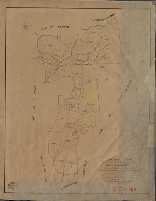 Fontaine-sous-Jouy. Tableau d'assemblage _ du Plan Parcellaire de la Commune de Fontaine sous Jouy _ Canton de Evreux Sud - Evreux - Eure. _ Terminé sur le Terrain le 14 Aout 1842, sous l'administration de M. Zédé, Préfet _ M. Dehaumont, Ma