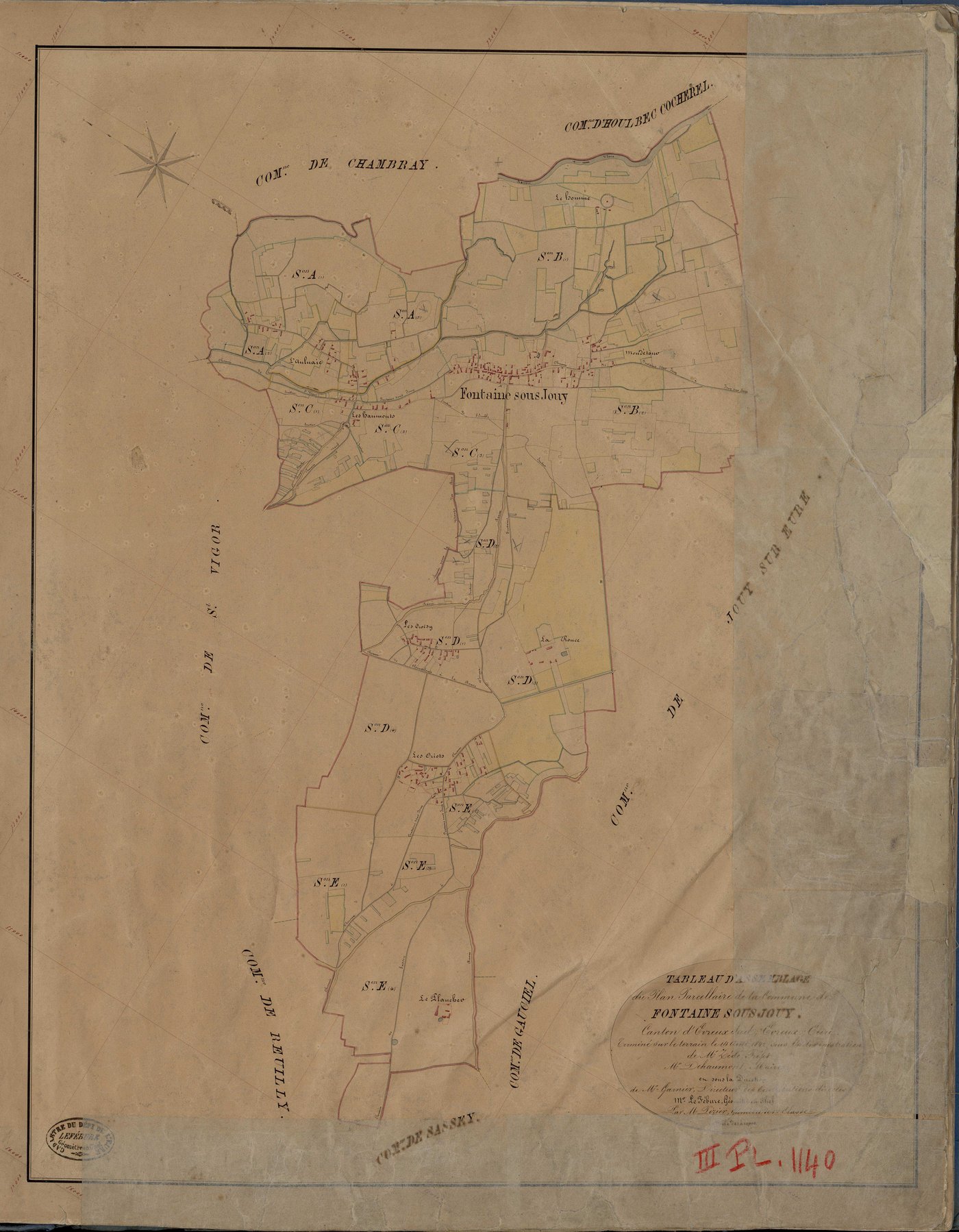 Fontaine-sous-Jouy. Tableau d'assemblage _ du Plan Parcellaire de la Commune de Fontaine sous Jouy _ Canton de Evreux Sud - Evreux - Eure. _ Terminé sur le Terrain le 14 Aout 1842, sous l'administration de M. Zédé, Préfet _ M. Dehaumont, Ma