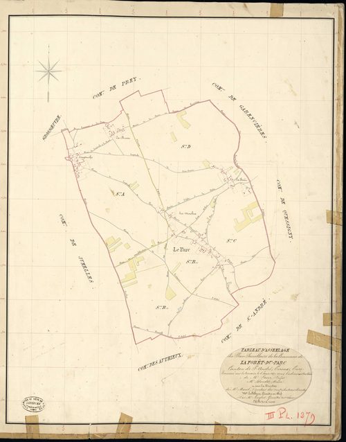 Forêt-du-Parc (La). Tableau d'assemblage _ du Plan Parcellaire de la Commune de la forêt du Parc _ Canton de Saint André - Evreux - Eure. _ Terminé sur le Terrain le 6 Juin 1837, sous l'administration de M. Passy, Préfet _ M. Blondet, Maire