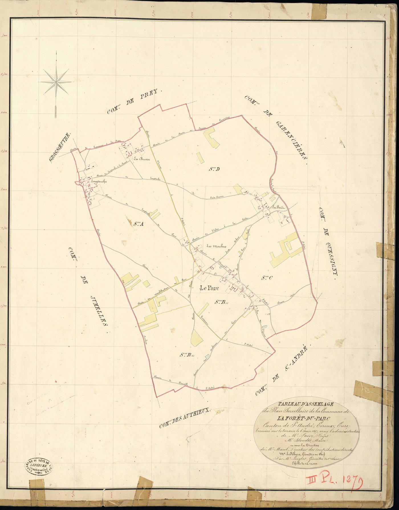 Forêt-du-Parc (La). Tableau d'assemblage _ du Plan Parcellaire de la Commune de la forêt du Parc _ Canton de Saint André - Evreux - Eure. _ Terminé sur le Terrain le 6 Juin 1837, sous l'administration de M. Passy, Préfet _ M. Blondet, Maire