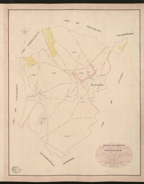 Forêt-la-Folie. Tableau d'assemblage du Plan Parcellaire de la Commune de Forêt-la-Folie. _ Canton d'Ecos - Andelys - Eure. _ Terminé sur le terrain le 10 août 1836, sous l'administration de M. A Passy, Préfet - M. Charpentier, Maire et sou