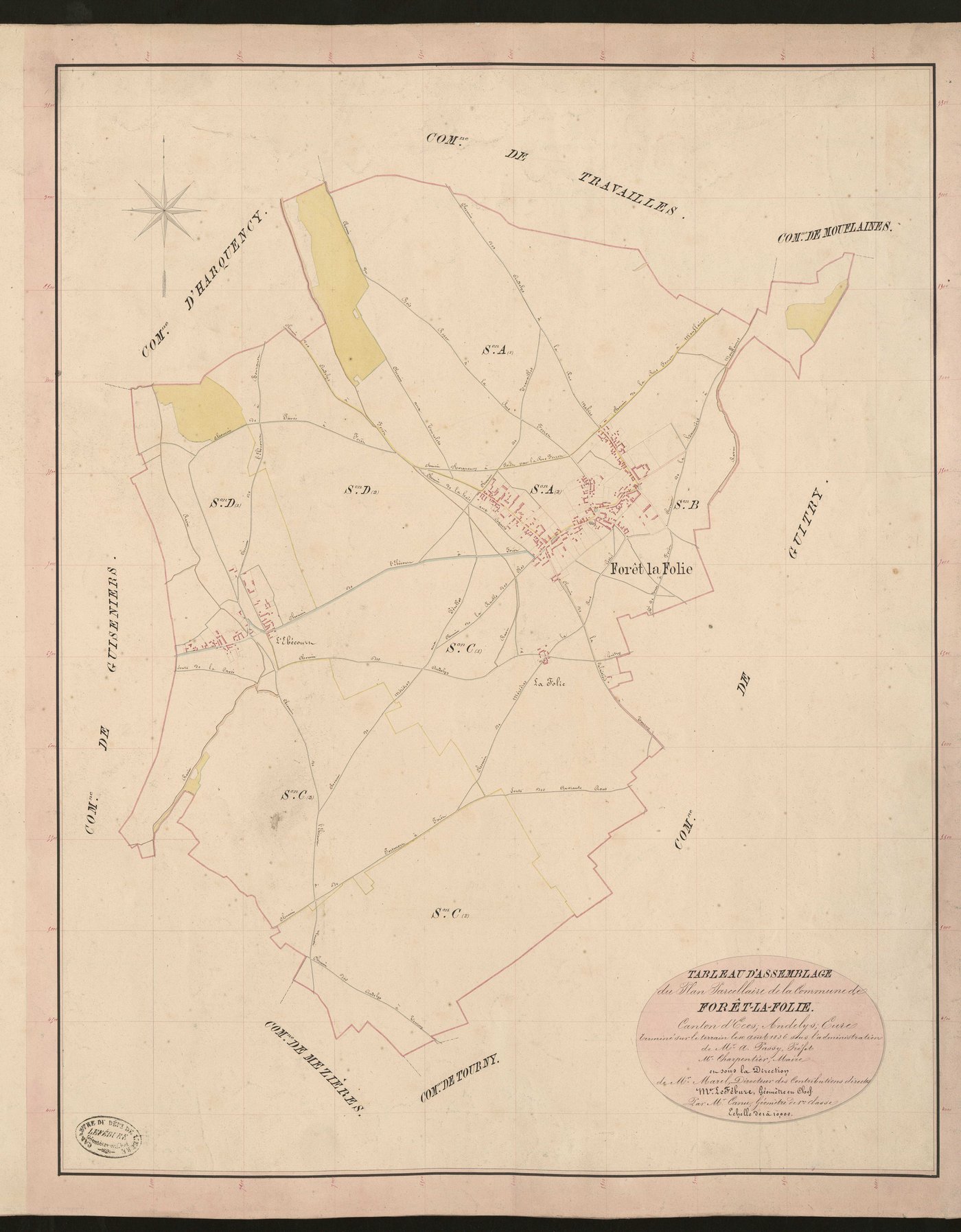 Forêt-la-Folie. Tableau d'assemblage du Plan Parcellaire de la Commune de Forêt-la-Folie. _ Canton d'Ecos - Andelys - Eure. _ Terminé sur le terrain le 10 août 1836, sous l'administration de M. A Passy, Préfet - M. Charpentier, Maire et sou