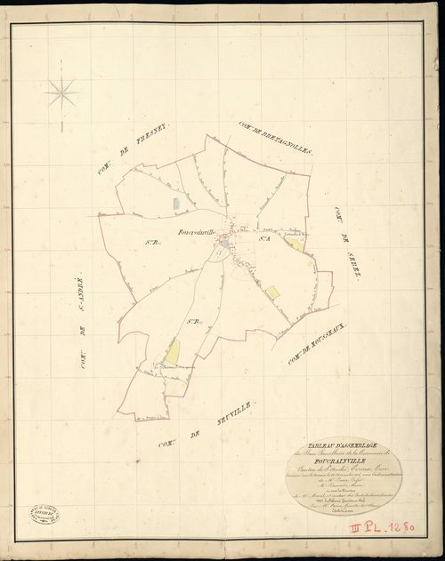 Foucrainville. Tableau d'assemblage _ du Plan Parcellaire de la Commune de Foucrainville _ Canton de Saint André - Evreux - Eure. _ Terminé sur le Terrain le 25 Novembre 1836, sous l'administration de M. Passy, Préfet _ M. Paumier, Maire _ 
