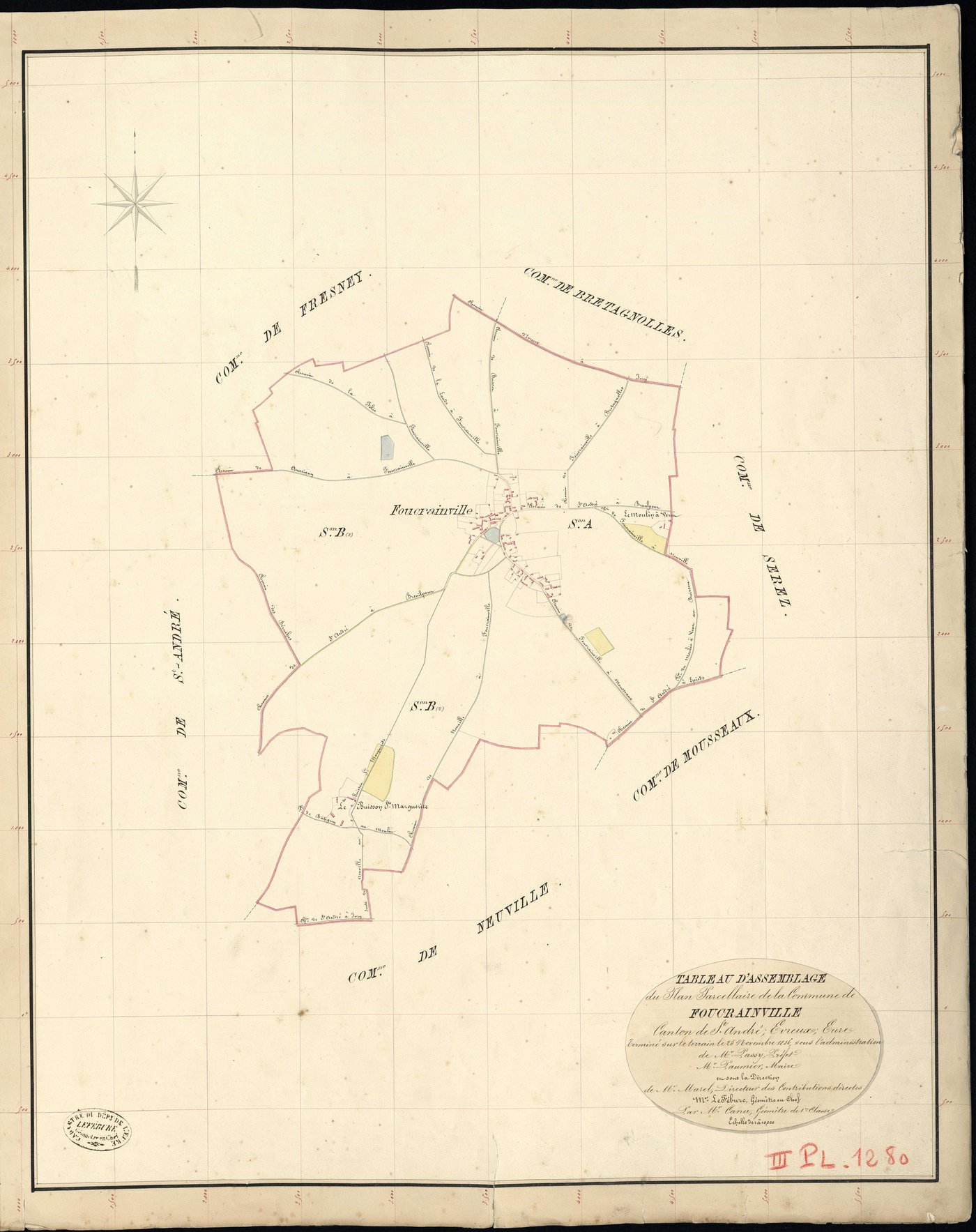 Foucrainville. Tableau d'assemblage _ du Plan Parcellaire de la Commune de Foucrainville _ Canton de Saint André - Evreux - Eure. _ Terminé sur le Terrain le 25 Novembre 1836, sous l'administration de M. Passy, Préfet _ M. Paumier, Maire _ 