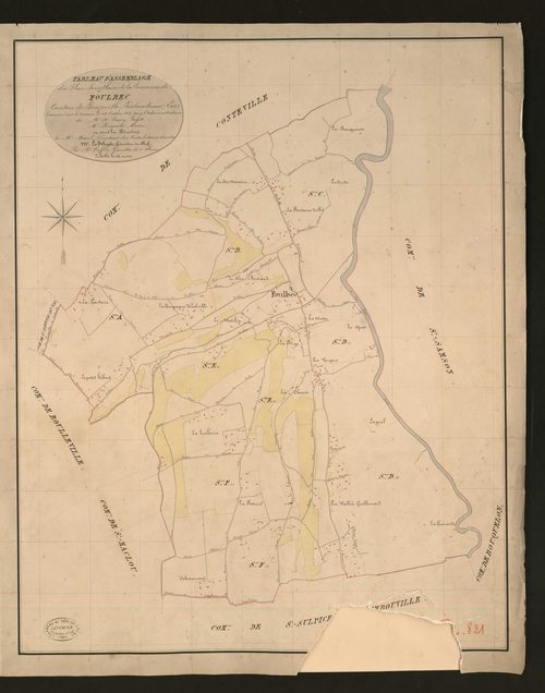 Foulbec. Tableau d'assemblage _ du Plan Parcellaire de la Commune de Foulbec _ Canton de Beuzeville - Pontaudemer - Eure. _ Terminé sur le terrain le 28 octobre 1833, sous l'administration de M. A Passy, Préfet _ M. Réquier, maire _ en sous