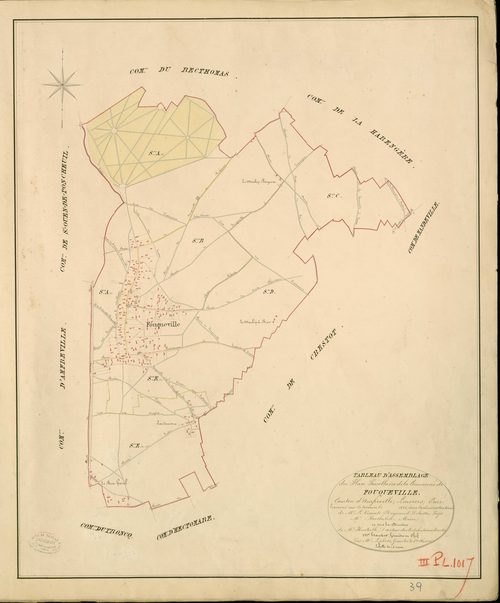 Fouqueville. Tableau d'assemblage _ du Plan Parcellaire de la Commune de Fouqueville _ Canton d'Amfreville - Louviers - Eure. _ Terminé sur le Terrain en 1828 , sous l'administration de M. Le Vicomte Raymond Delaître , Préfet _ M. de Berthe