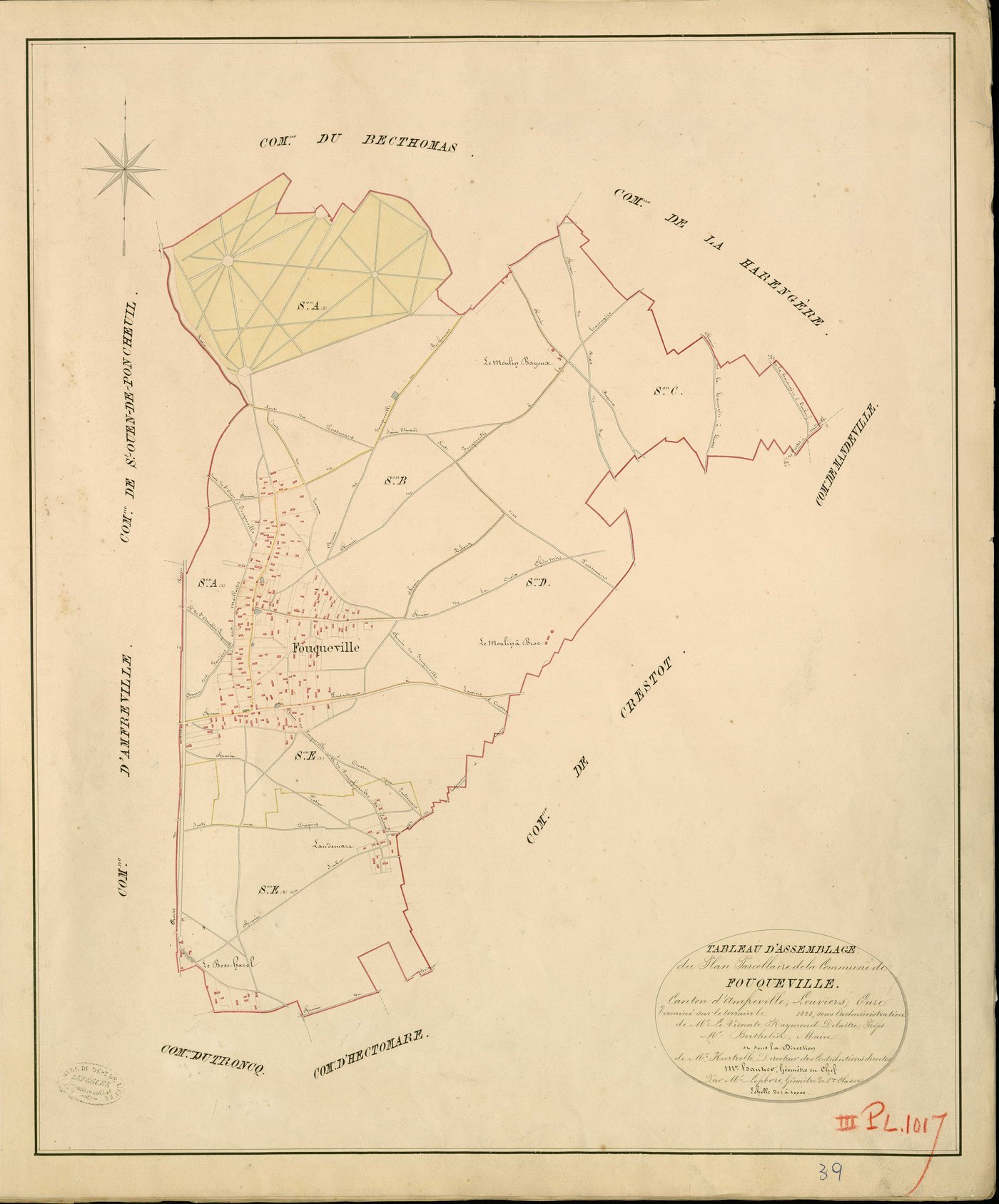 Fouqueville. Tableau d'assemblage _ du Plan Parcellaire de la Commune de Fouqueville _ Canton d'Amfreville - Louviers - Eure. _ Terminé sur le Terrain en 1828 , sous l'administration de M. Le Vicomte Raymond Delaître , Préfet _ M. de Berthe