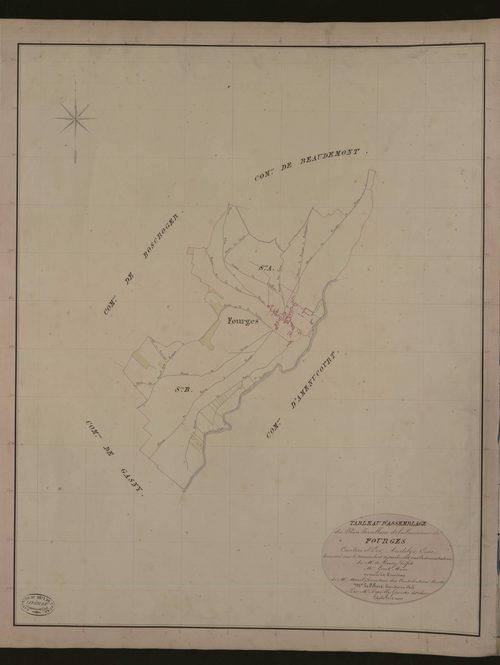 Fourges. Tableau d'assemblage du Plan Parcellaire de la Commune de Fourges. _ Canton d'Ecos - Andelys - Eure. _ Terminé sur le terrain le 16 septembre 1836, sous l'administration de M. A Passy, Préfet - M. Goret, Maire et sous la direction 