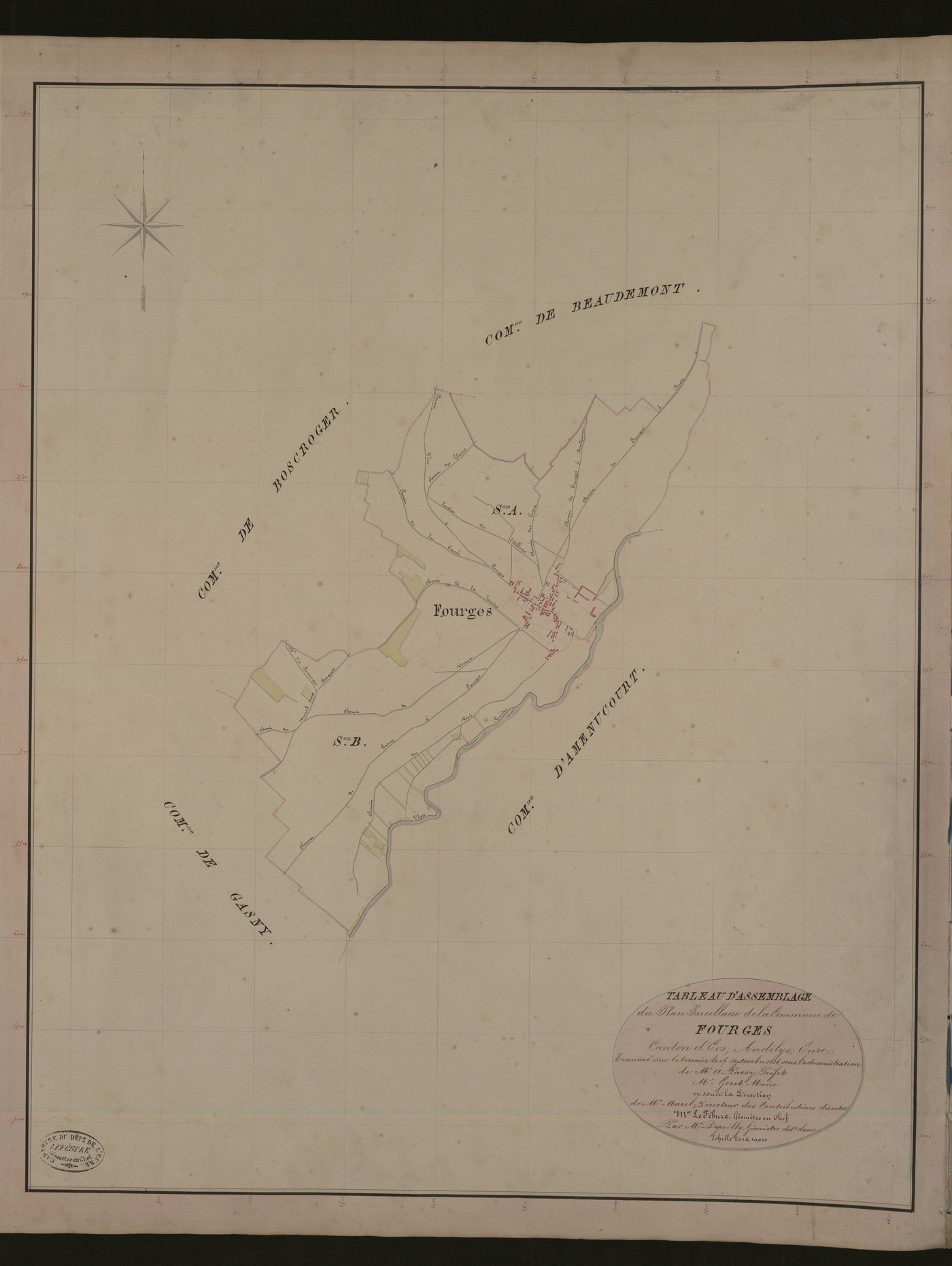 Fourges. Tableau d'assemblage du Plan Parcellaire de la Commune de Fourges. _ Canton d'Ecos - Andelys - Eure. _ Terminé sur le terrain le 16 septembre 1836, sous l'administration de M. A Passy, Préfet - M. Goret, Maire et sous la direction 
