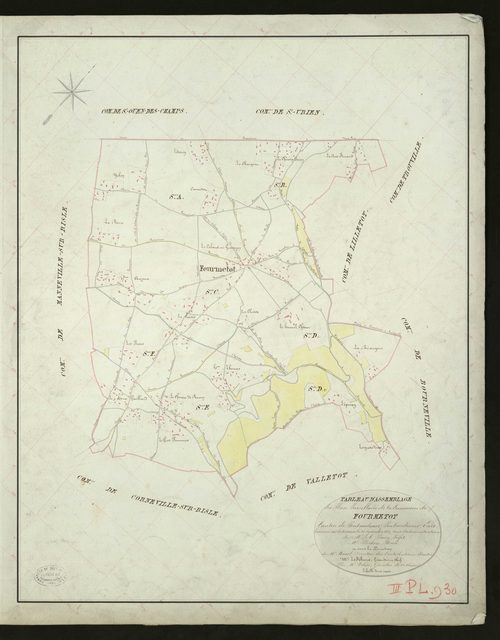 Fourmetot. Tableau d'assemblage _ du Plan Parcellaire de la Commune de Fourmetot _ Canton de Pontaudemer - Pontaudemer - Eure. _ Terminé sur le Terrain le 20 Septembre 1832, sous l'administration de M. A Passy, Préfet _ M. Plichon, Maire _ 