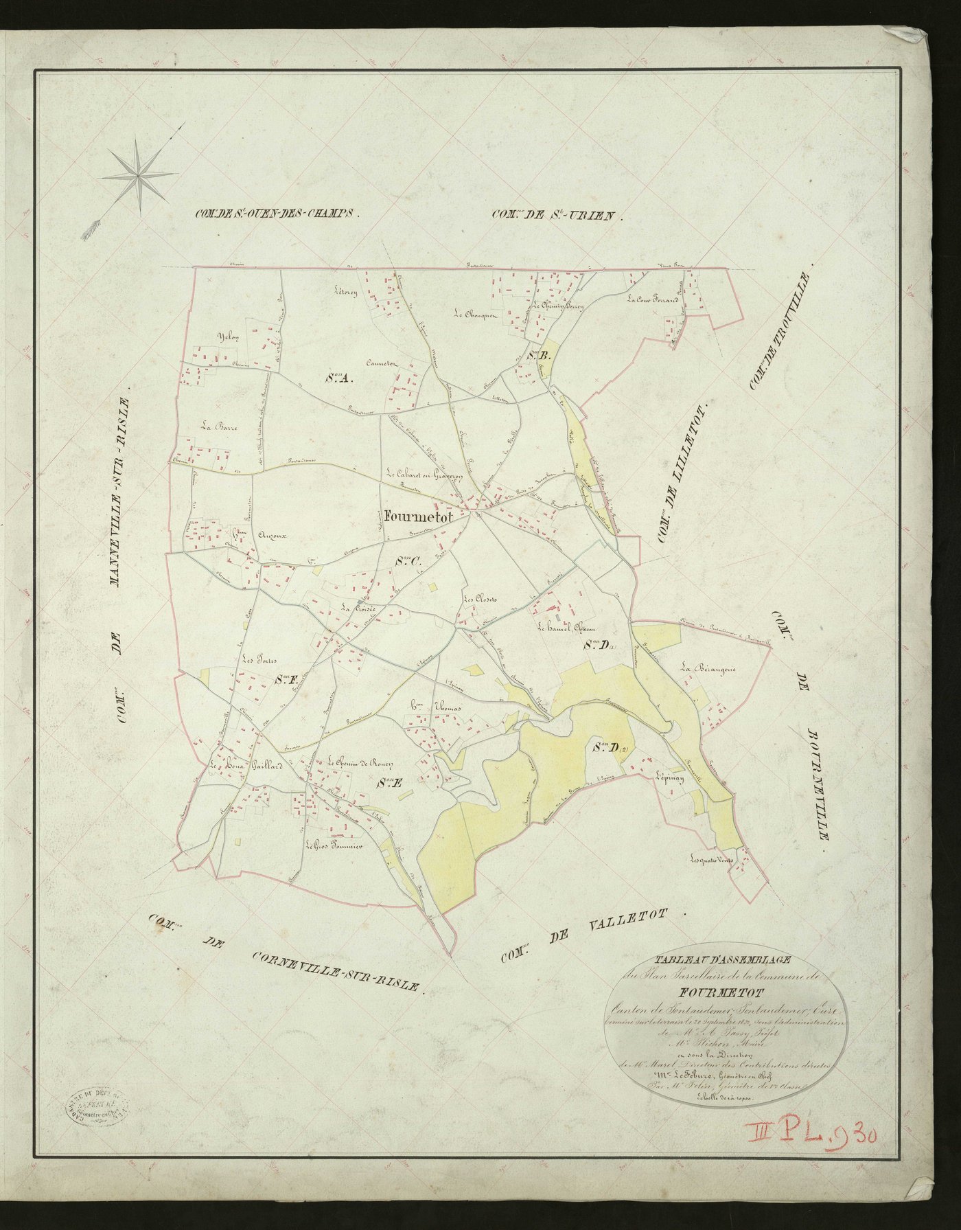 Fourmetot. Tableau d'assemblage _ du Plan Parcellaire de la Commune de Fourmetot _ Canton de Pontaudemer - Pontaudemer - Eure. _ Terminé sur le Terrain le 20 Septembre 1832, sous l'administration de M. A Passy, Préfet _ M. Plichon, Maire _ 