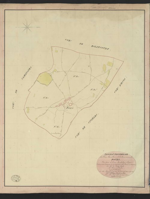 Fours-en-Vexin. Tableau d'assemblage du Plan Parcellaire de la Commune de Fours. _ Canton d'Ecos - Andelys - Eure. _ Terminé sur le terrain le 25 août 1836, sous l'administration de M. A Passy, Préfet - M. Chérence, Maire et sous la directi