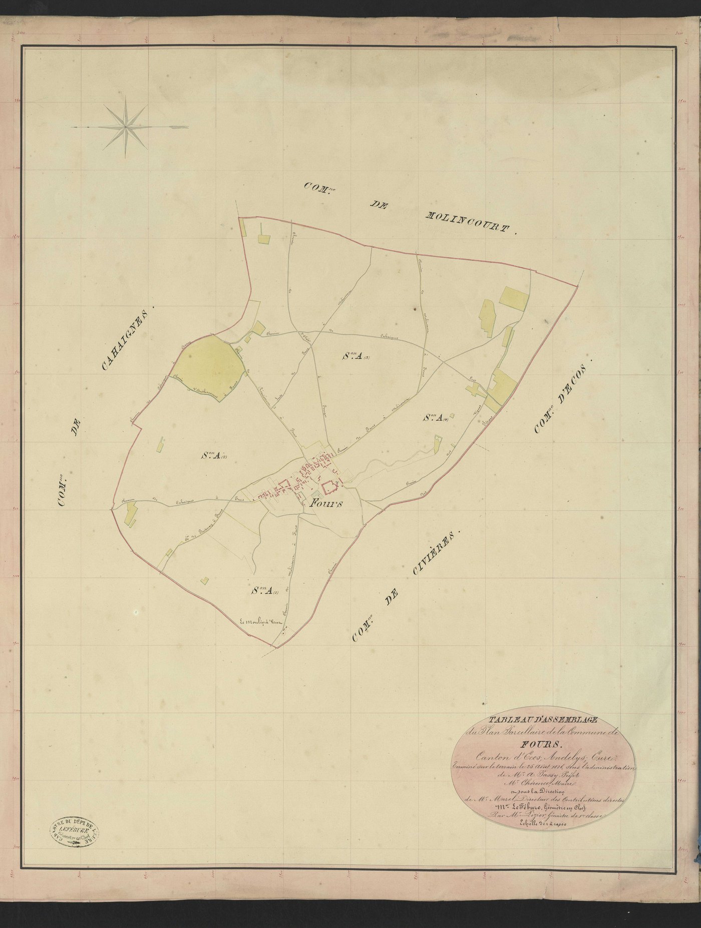 Fours-en-Vexin. Tableau d'assemblage du Plan Parcellaire de la Commune de Fours. _ Canton d'Ecos - Andelys - Eure. _ Terminé sur le terrain le 25 août 1836, sous l'administration de M. A Passy, Préfet - M. Chérence, Maire et sous la directi