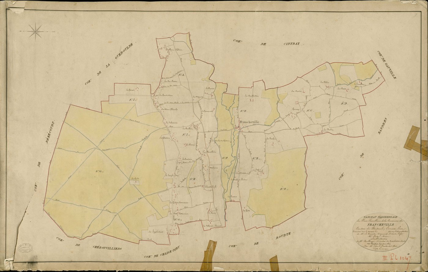 Francheville. Tableau d'assemblage _ du Plan Parcellaire de la Commune de Francheville _ Canton de Breteuil - Evreux - Eure. _ Terminé sur le Terrain en 1829 , sous l'administration de M. Le Vicomte Raymond Delaître , Préfet _ M. Genty, Mai