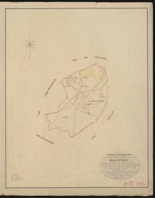 Franqueville. Tableau d'assemblage du Plan Parcellaire de la Commune de Franqueville. _ Canton de Brionne - Bernay - Eure. _ Terminé sur le terrain en mars 1827, sous l'administration de M. Le Vicomte Raymond Delaitre, Préfet - M. Bourdon, 