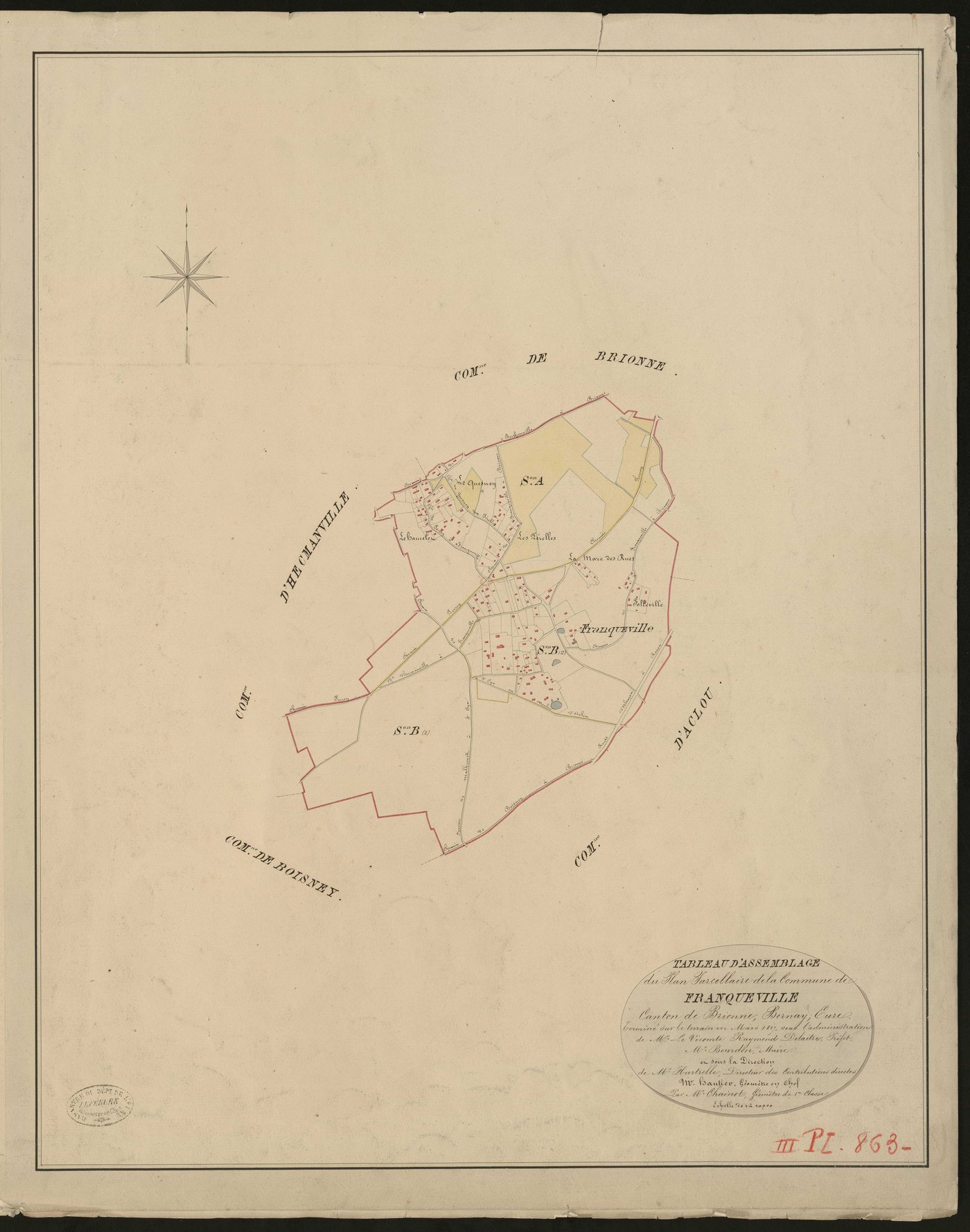 Franqueville. Tableau d'assemblage du Plan Parcellaire de la Commune de Franqueville. _ Canton de Brionne - Bernay - Eure. _ Terminé sur le terrain en mars 1827, sous l'administration de M. Le Vicomte Raymond Delaitre, Préfet - M. Bourdon, 