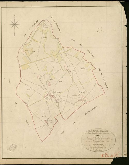 Fresne (Le). Tableau d'assemblage _ du Plan Parcellaire de la Commune de Fresne _ Canton de Conches - Evreux - Eure. _ Terminé sur le Terrain le 10 Avril 1854 , sous l'administration de M. le Marquis de St Croix, Préfet _ M. Oury, Maire _ s