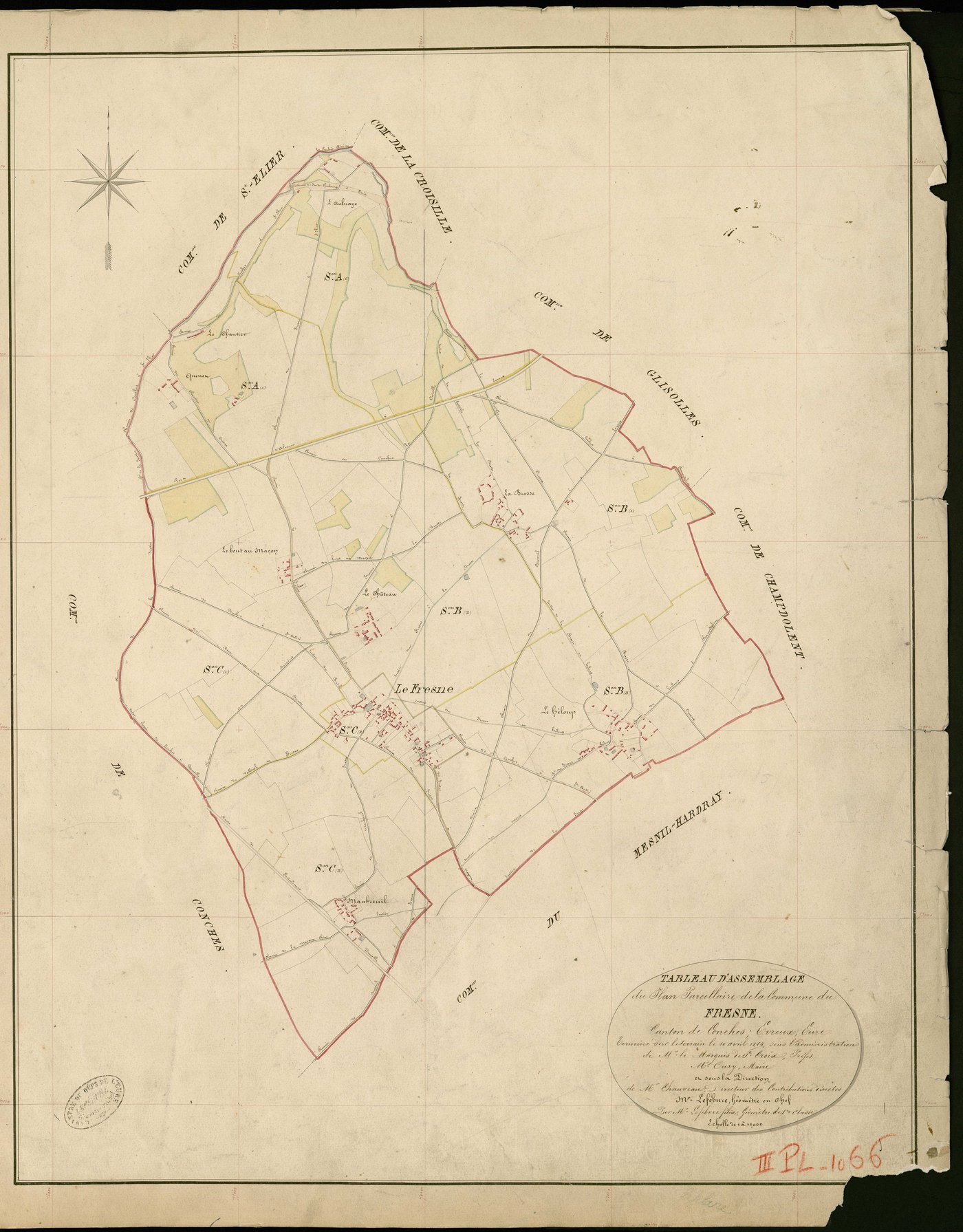 Fresne (Le). Tableau d'assemblage _ du Plan Parcellaire de la Commune de Fresne _ Canton de Conches - Evreux - Eure. _ Terminé sur le Terrain le 10 Avril 1854 , sous l'administration de M. le Marquis de St Croix, Préfet _ M. Oury, Maire _ s