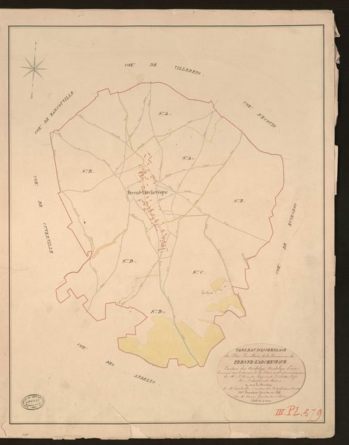 Fresne-l'Archevêque. Tableau d'assemblage du Plan Parcellaire de la Commune de Fresne-l'Archevêque. _ Canton des Andelys - Andelys - Eure. _ Terminé sur le terrain le 28 août 1828, sous l'administration de M. Le Vicomte Raymond Delaitre, Pr