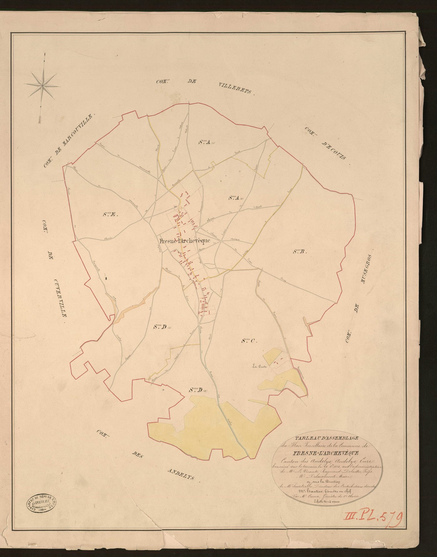Fresne-l'Archevêque. Tableau d'assemblage du Plan Parcellaire de la Commune de Fresne-l'Archevêque. _ Canton des Andelys - Andelys - Eure. _ Terminé sur le terrain le 28 août 1828, sous l'administration de M. Le Vicomte Raymond Delaitre, Pr