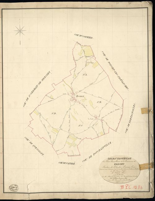 Fresney. Tableau d'assemblage _ du Plan Parcellaire de la Commune de Fresney _ Canton de Saint André - Evreux - Eure. _ Terminé sur le Terrain le 18 Decembre 1836, sous l'administration de M. Passy, Préfet _ M. Ledoux, Maire _ et sous la Di