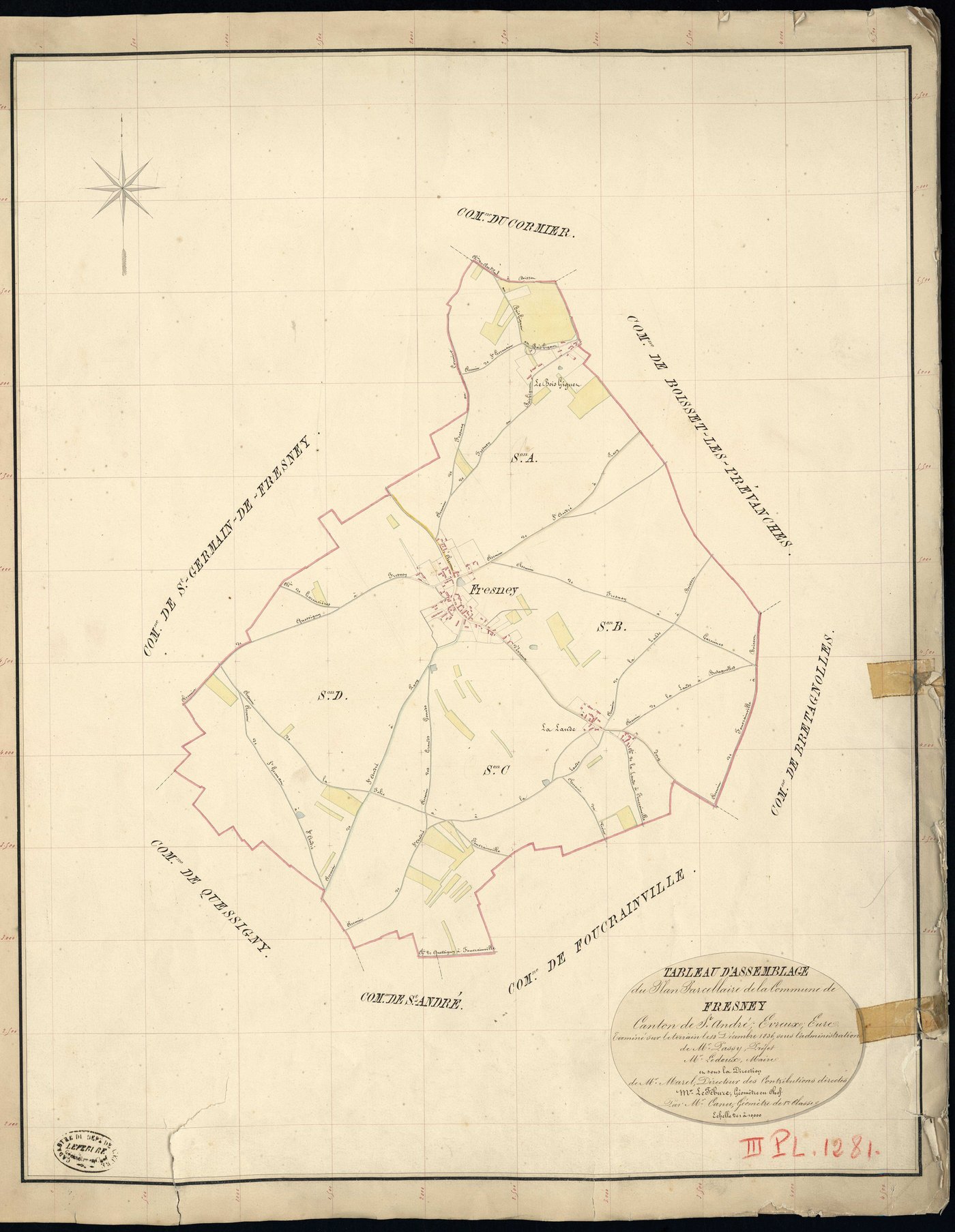 Fresney. Tableau d'assemblage _ du Plan Parcellaire de la Commune de Fresney _ Canton de Saint André - Evreux - Eure. _ Terminé sur le Terrain le 18 Decembre 1836, sous l'administration de M. Passy, Préfet _ M. Ledoux, Maire _ et sous la Di