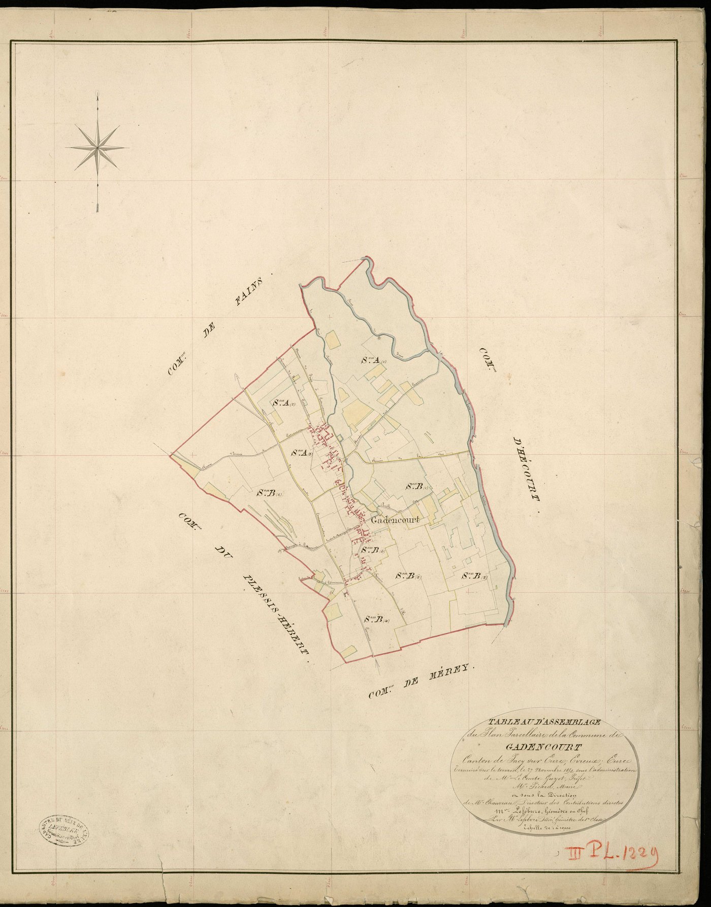 Gadencourt. Tableau d'assemblage _ du Plan Parcellaire de la Commune de Gadencourt _ Canton de Pacy sur Eure - Evreux - Eure. _ Terminé sur le Terrain le 27 Novembre 1852, sous l'administration de M. Le Comte Guyot, Préfet _ M. Picard, Mair