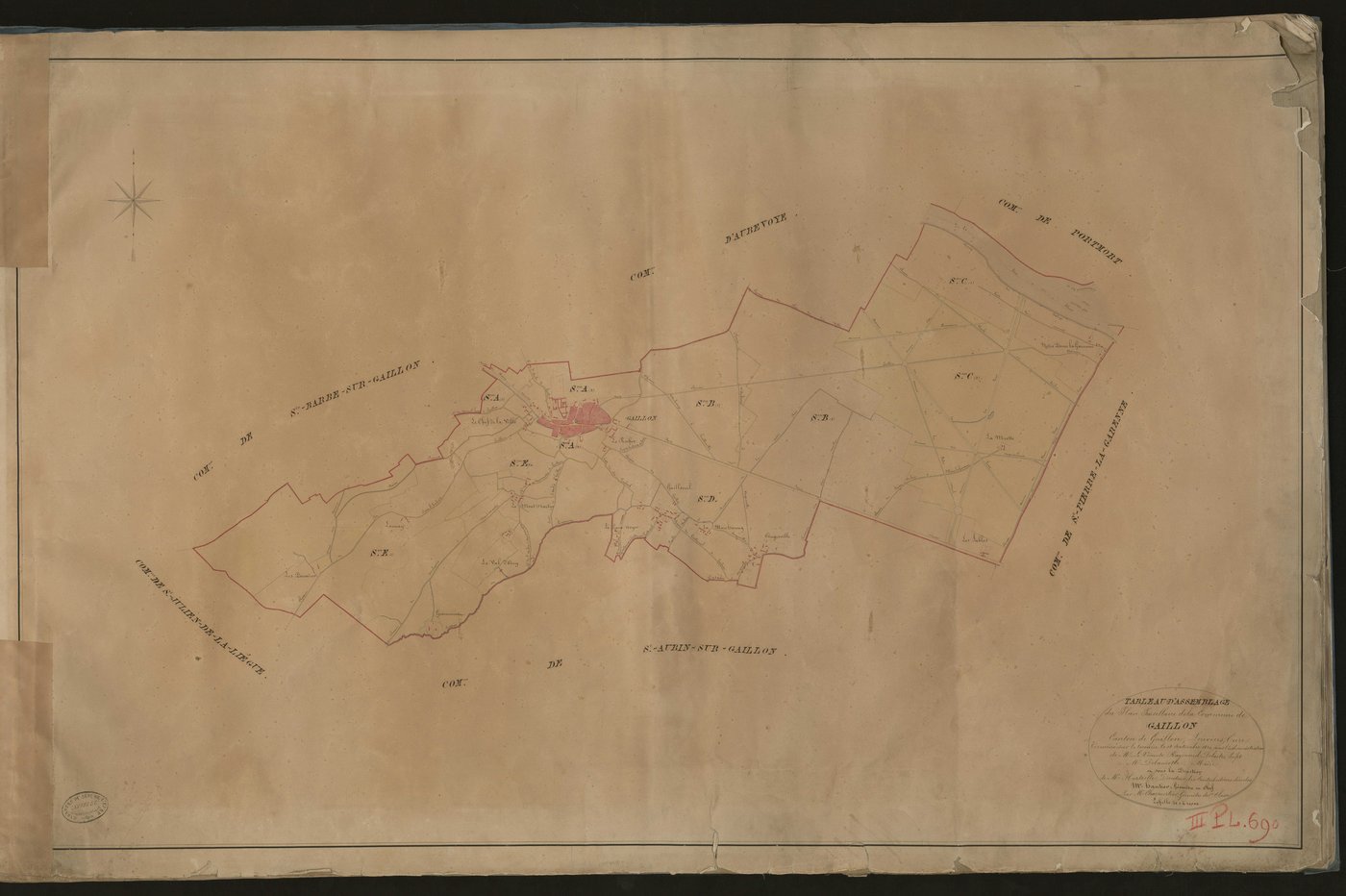Gaillon. Tableau d'assemblage du Plan Parcellaire de la Commune de Gaillon. _ Canton de Gaillon - Louviers - Eure. _ Terminé sur le terrain le 18 septembre 1829, sous l'administration de M. Le Vicomte Raymond Delaitre, Préfet - M. Delamotte