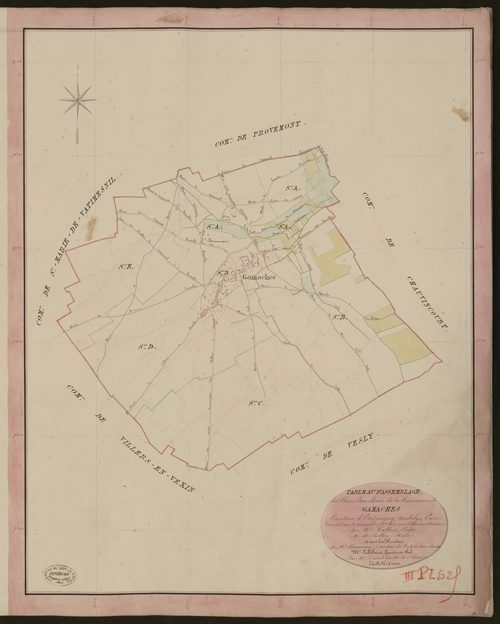 Gamaches-en-Vexin. Tableau d'assemblage du Plan Parcellaire de la Commune de Gamaches. _ Canton d'Etrépagny - Andelys - Eure. _ Terminé sur le terrain le 27 septembre 1850, sous l'administration de M. Vallont, Préfet - M. Belloy, Maire et s
