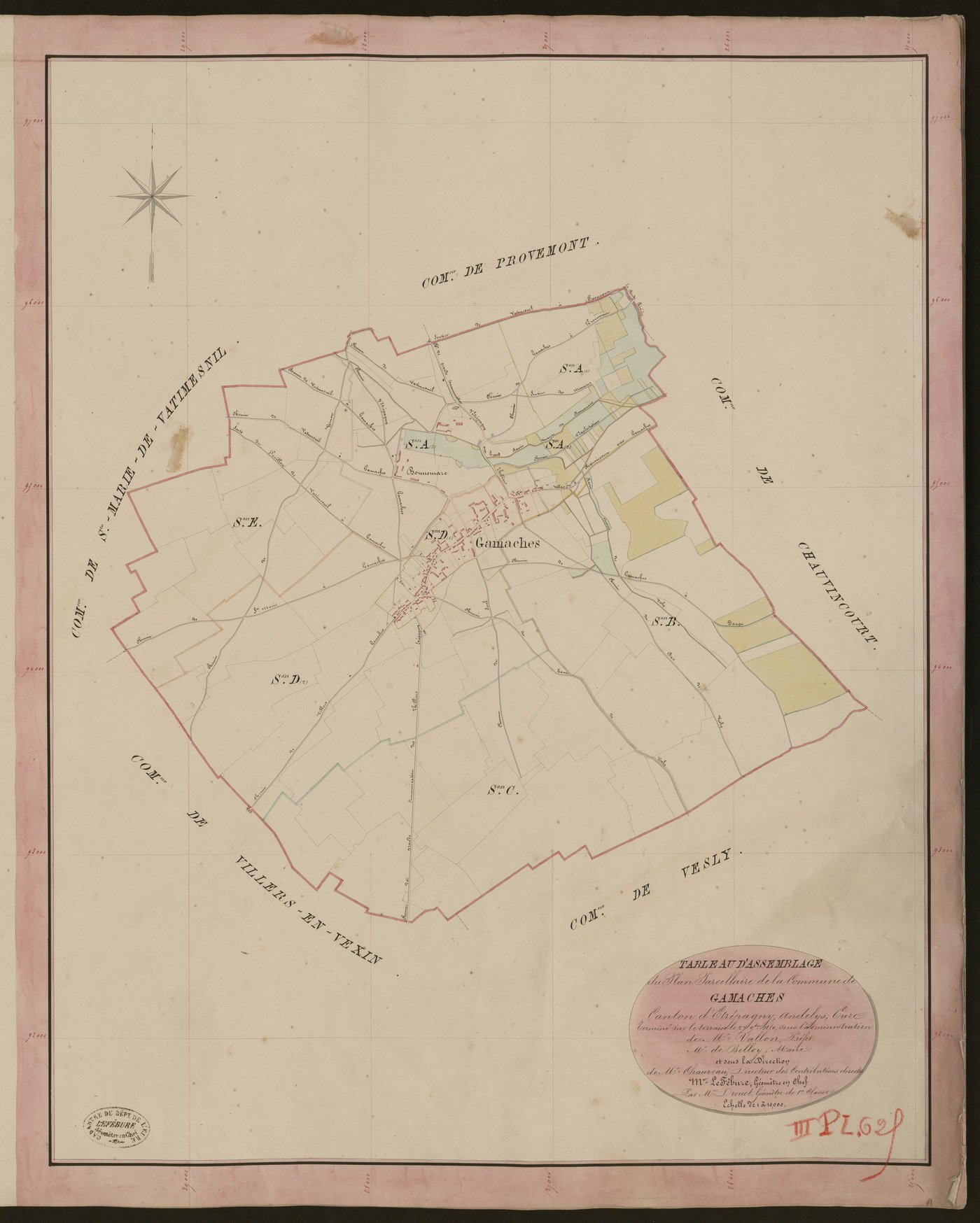 Gamaches-en-Vexin. Tableau d'assemblage du Plan Parcellaire de la Commune de Gamaches. _ Canton d'Etrépagny - Andelys - Eure. _ Terminé sur le terrain le 27 septembre 1850, sous l'administration de M. Vallont, Préfet - M. Belloy, Maire et s