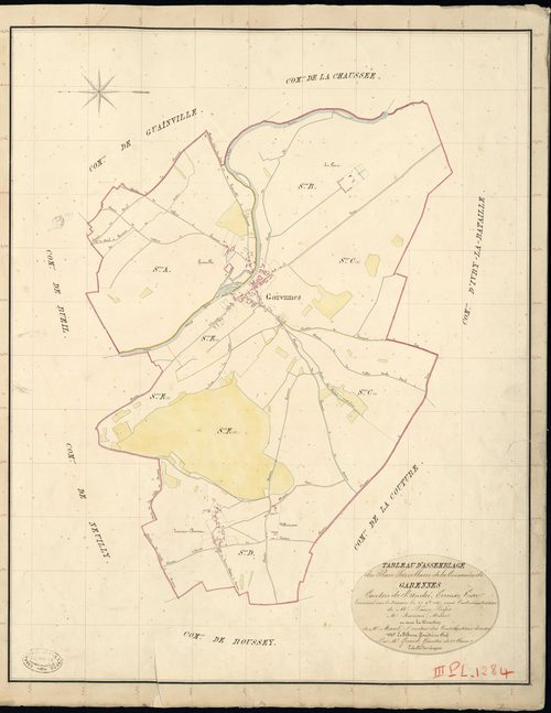 Garennes-sur-Eure. Tableau d'assemblage _ du Plan Parcellaire de la Commune de Garennes _ Canton de Saint André - Evreux - Eure. _ Terminé sur le Terrain le 29 Septembre 1837, sous l'administration de M. Passy, Préfet _ M. Buisson, Maire _ 