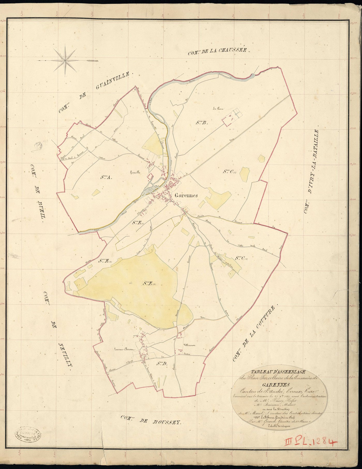 Garennes-sur-Eure. Tableau d'assemblage _ du Plan Parcellaire de la Commune de Garennes _ Canton de Saint André - Evreux - Eure. _ Terminé sur le Terrain le 29 Septembre 1837, sous l'administration de M. Passy, Préfet _ M. Buisson, Maire _ 
