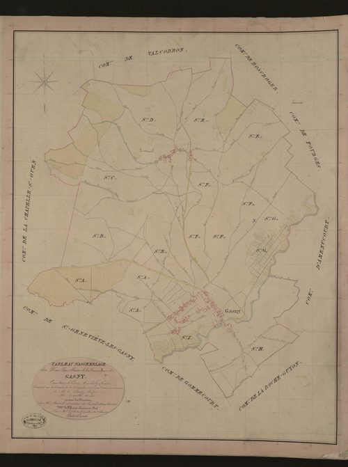Gasny. Tableau d'assemblage du Plan Parcellaire de la Commune de Gasny. _ Canton d'Ecos - Andelys - Eure. _ Terminé sur le terrain le 12 décembre 1836, sous l'administration de M. A Passy, Préfet - M. Brault, Maire et sous la direction de M