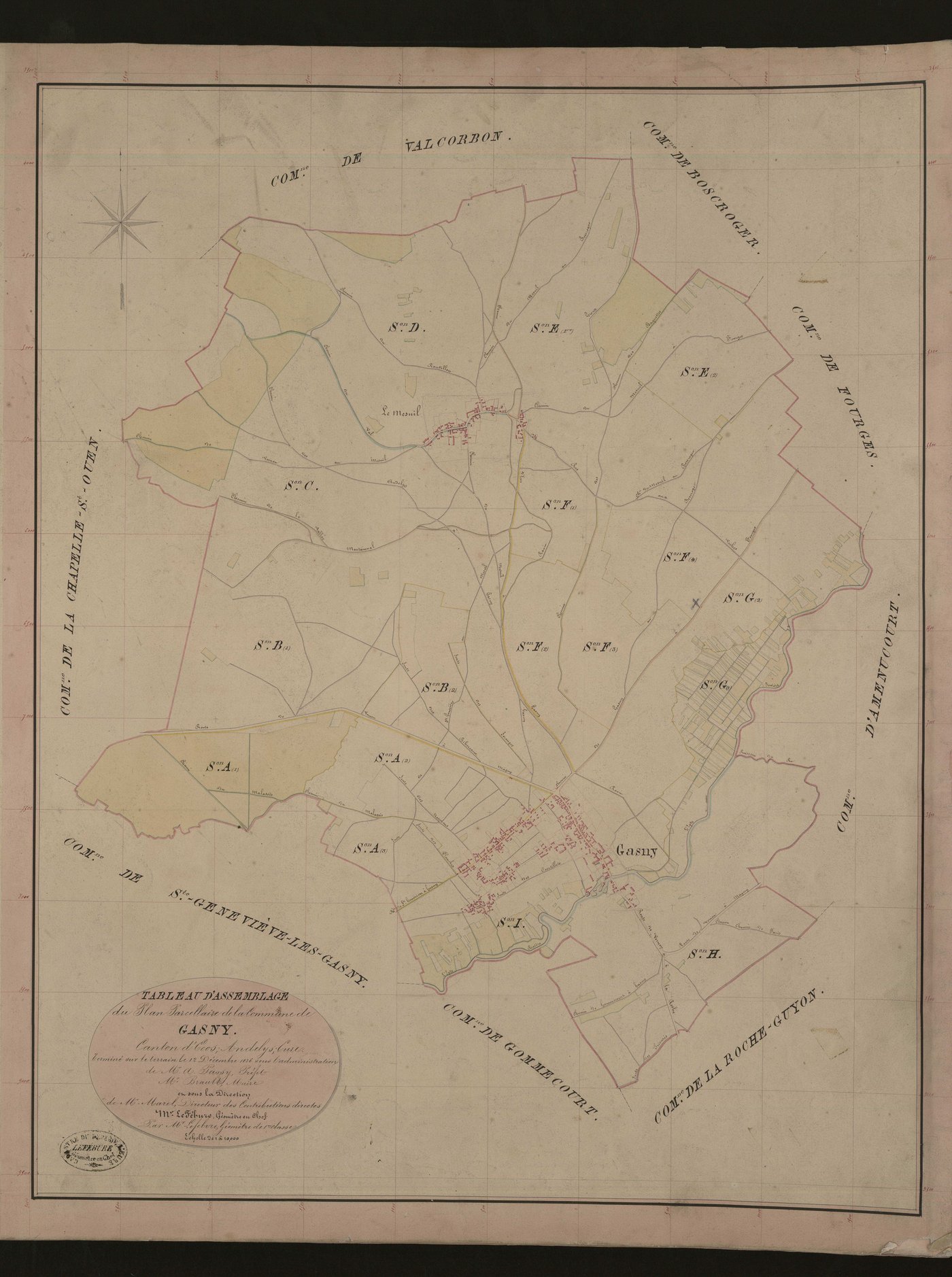 Gasny. Tableau d'assemblage du Plan Parcellaire de la Commune de Gasny. _ Canton d'Ecos - Andelys - Eure. _ Terminé sur le terrain le 12 décembre 1836, sous l'administration de M. A Passy, Préfet - M. Brault, Maire et sous la direction de M