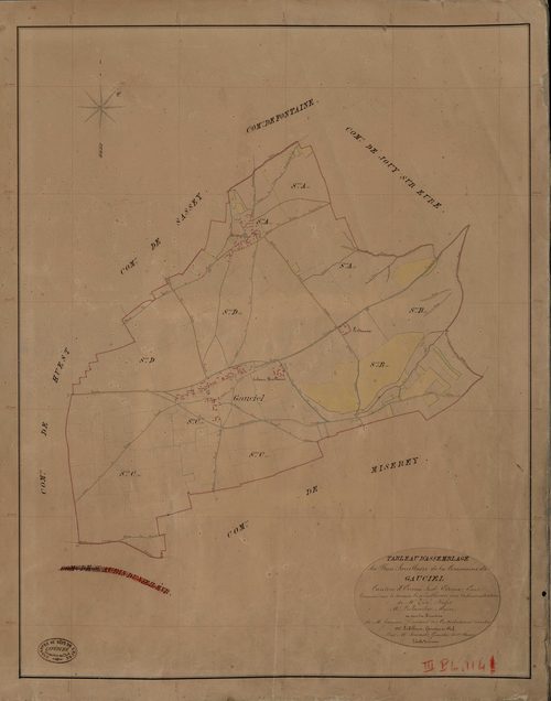 Gauciel. Tableau d'assemblage _ du Plan Parcellaire de la Commune de Gauciel _ Canton de Evreux Sud - Evreux - Eure. _ Terminé sur le Terrain le 10 Juillet 1842, sous l'administration de M. Zédé, Préfet _ M. Leclancher, Maire _ sous la Dire