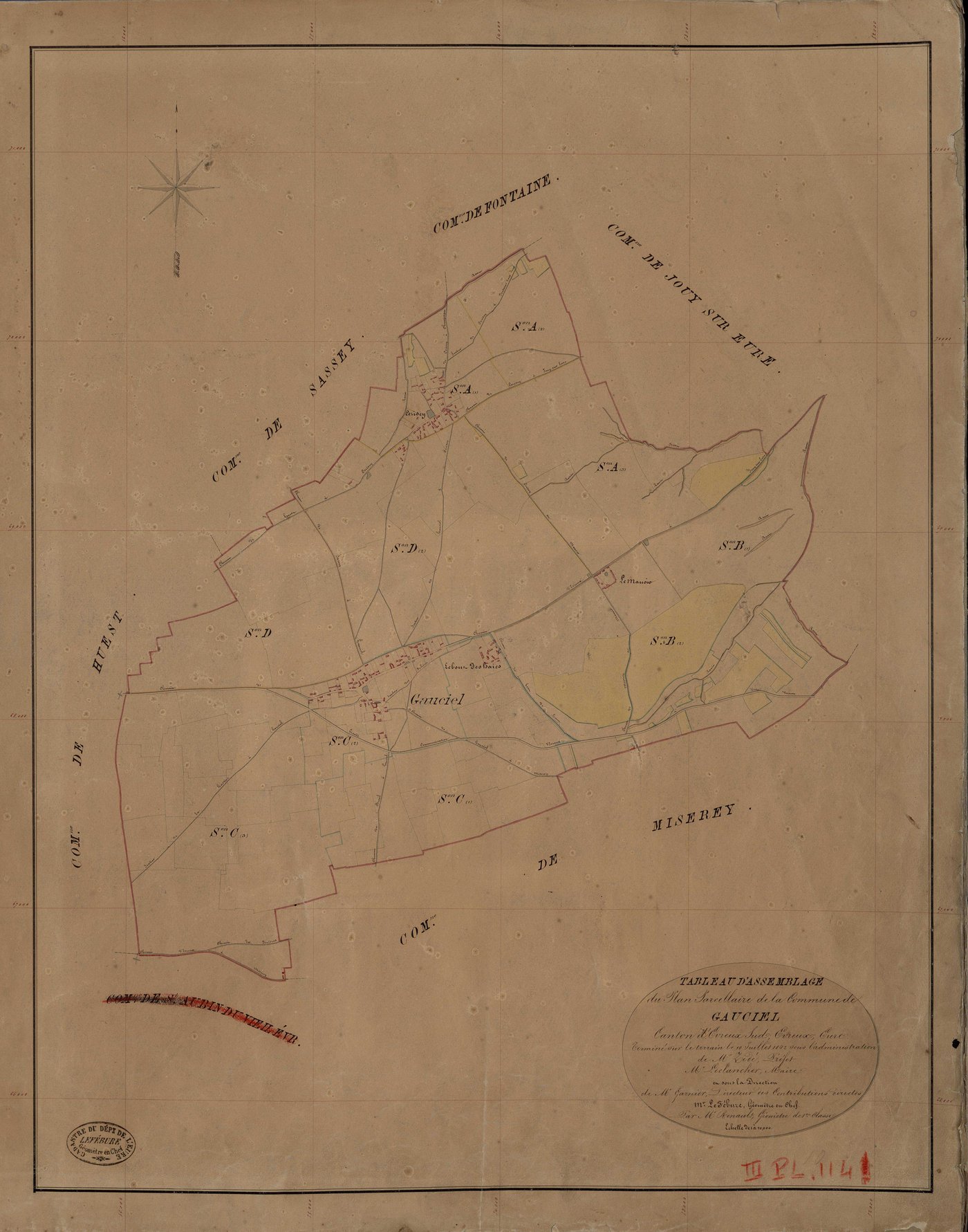 Gauciel. Tableau d'assemblage _ du Plan Parcellaire de la Commune de Gauciel _ Canton de Evreux Sud - Evreux - Eure. _ Terminé sur le Terrain le 10 Juillet 1842, sous l'administration de M. Zédé, Préfet _ M. Leclancher, Maire _ sous la Dire