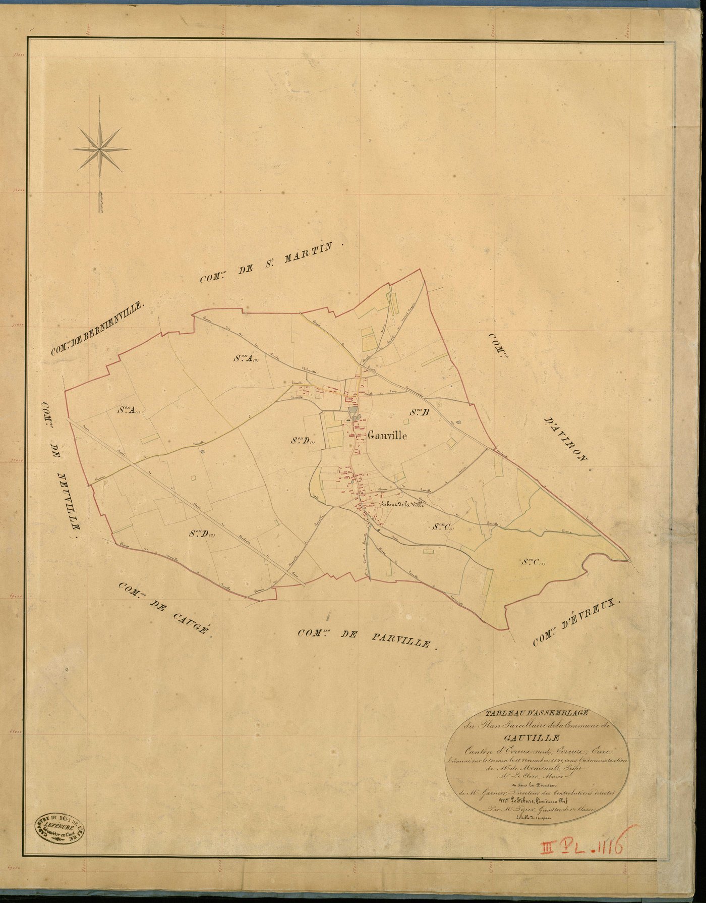 Gauville-la-Campagne. Tableau d'assemblage _ du Plan Parcellaire de la Commune de Gauville _ Canton de Evreux (nord) - Evreux - Eure. _ Terminé sur le Terrain le 18 Novembre 1840 , sous l'administration de M. de Monicault, Préfet _ M. Le Cl